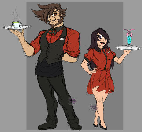Fan designs of Slayer and Sharon drawn to match the official Guilty Gear American Diner Popup Shop merch.